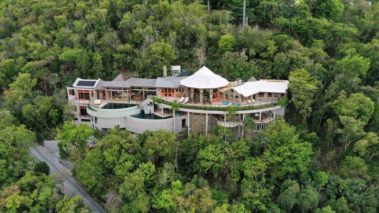 A hillside house in dense trees, with two pools connected by a slide.